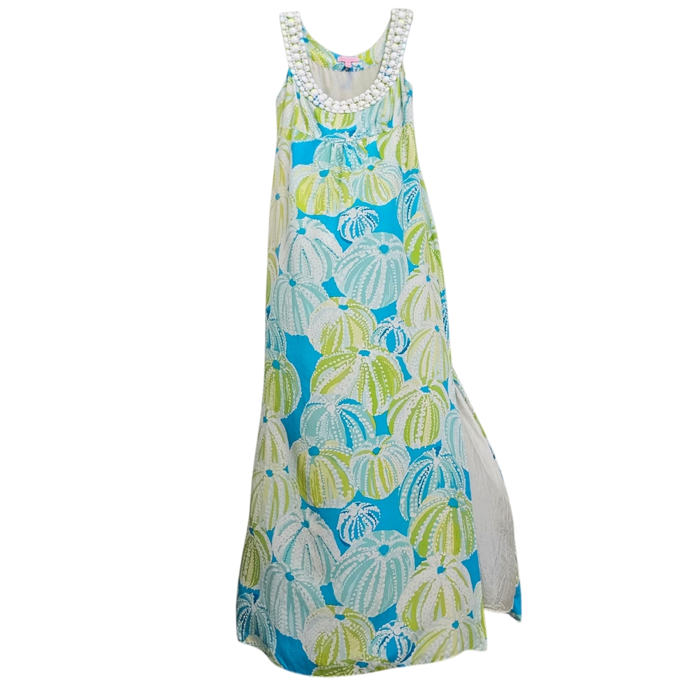 Lilly Pulitzer Resortwear Sea Urchin Aqua Beaded Neckline Side Slit Maxidress